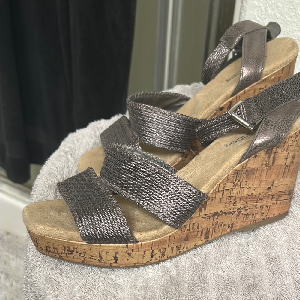 Maurices Silver Wedge Sandals with Crisscross Straps